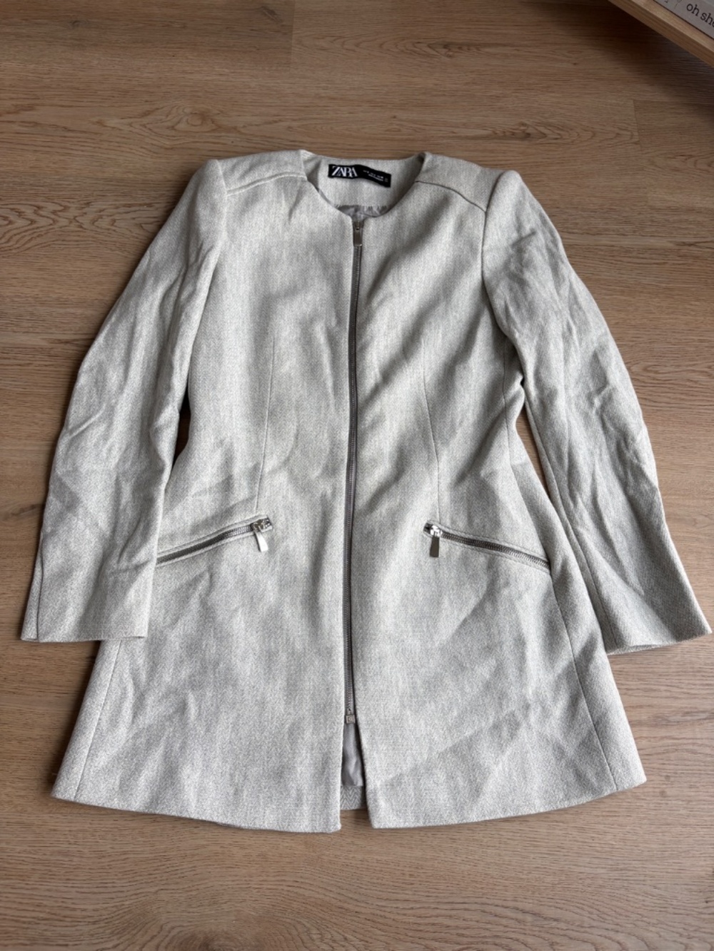 Zara Longline Light Grey Herringbone Coat Jacket